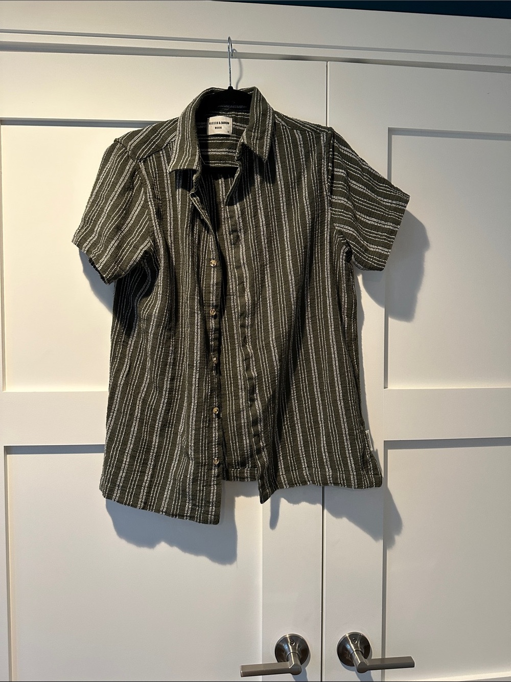 Men's Short-Sleeve Striped Button-Down Shirt - Olive Stripe - 100% Cotton